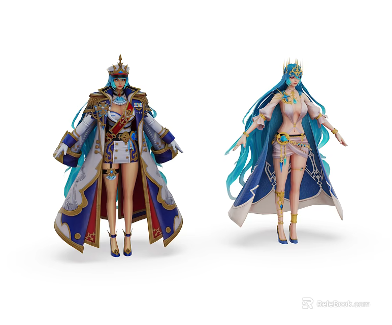 Game And Movie Characters With Crowns Long Blue Hair Elegant Robes And High Heels 3d model 