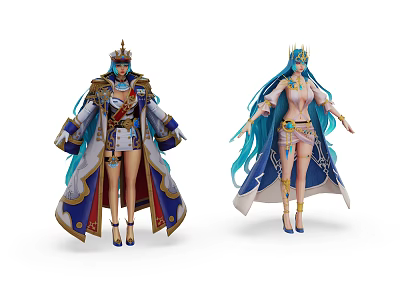 Game And Movie Characters With Crowns Long Blue Hair Elegant Robes And High Heels 3d model