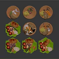 Assorted Delicious Food On Round Plates With Meat Vegetables And Fruits