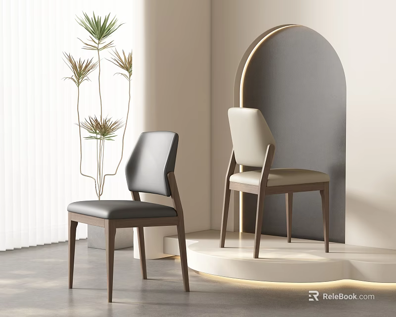 Modern Gray and Beige Dining Chairs with Wooden Frame in Minimalist Interior with Plant 3d model 