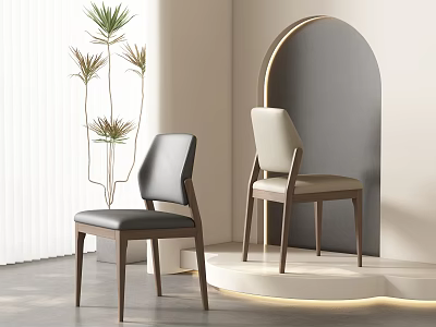 Modern Gray and Beige Dining Chairs with Wooden Frame in Minimalist Interior with Plant 3d model