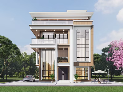 Modern Detached Villa Exterior With Large Windows Balcony Greenery Lawn And Outdoor Seating 3d model