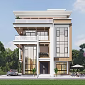 Modern Detached Villa Exterior With Large Windows Balcony Greenery Lawn And Outdoor Seating
