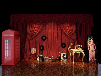 Vintage Stage with Red Curtains Red Telephone Booth Vinyl Records and Golden Table 3d model