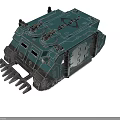 Teal Military Tank Model With Top Mounted Guns Front Plow Side Canisters Armor And Emblem