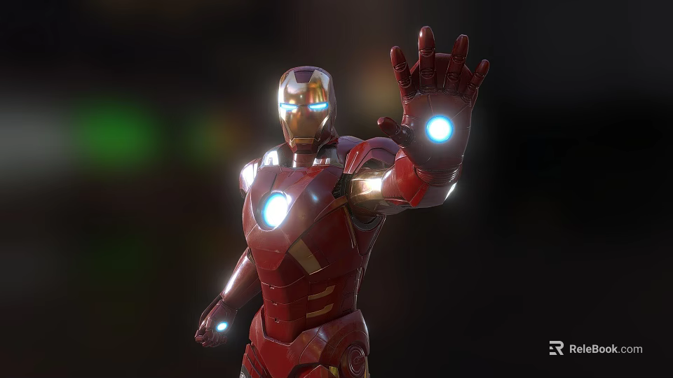 Iron Man Superhero in Red Armor with Glowing Eyes Arc Reactor and Outstretched Hand 3d model 