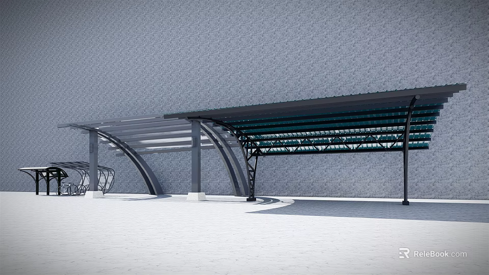 Outdoor Metal Canopy With Curved Support Columns And Transparent Roof Design 3d model 