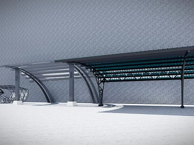 Outdoor Metal Canopy With Curved Support Columns And Transparent Roof Design 3d model