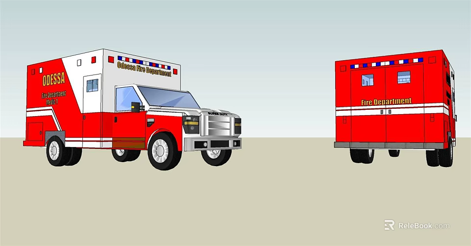 Front and Side View of Red White Ambulance and Fire Department Emergency Vehicles 3d model 