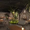 Cozy Outdoor Tent Lounge Area With Palm Trees Tables Chairs And Lanterns