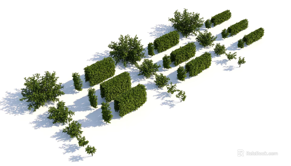 Well Trimmed Shrubs in Various Shapes with Lush Green Foliage for Garden Landscape Design 3d model 