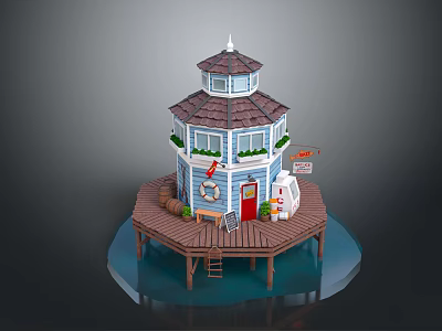 Blue Tower Building With Red Door And White Windows On Wooden Deck Over Water 3d model