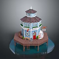 Blue Tower Building With Red Door And White Windows On Wooden Deck Over Water