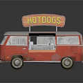 Red Volkswagen Van Hot Dog Food Truck with Neon HOTDOGS Sign and Side Selling Window