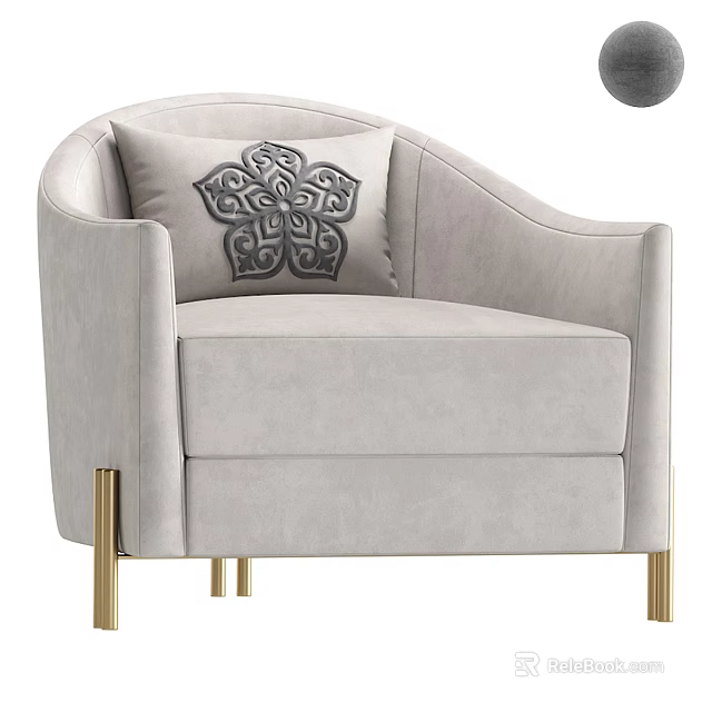 Light Gray Velvet Single Sofa With Gold Legs And Decorative Cushion Pattern 3d model
