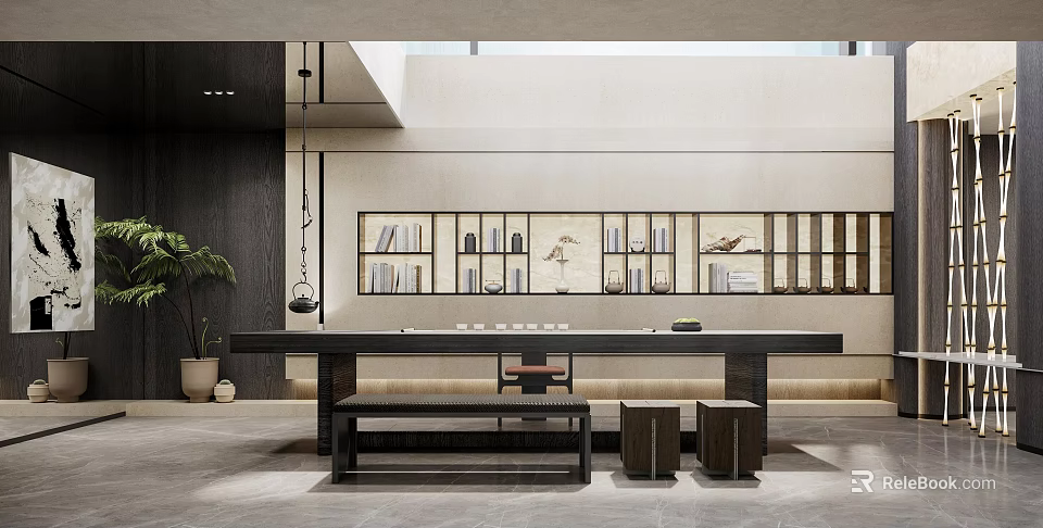 Modern Chinese Reception Room Interior Design With Long Wooden Table And Bookshelf Wall 3d model 