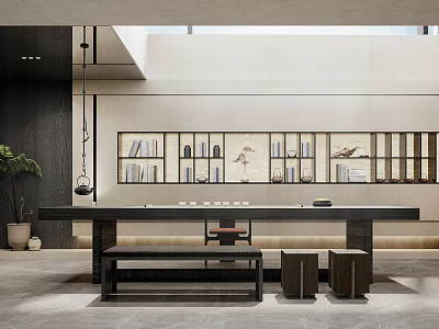 Modern Chinese Reception Room Interior Design With Long Wooden Table And Bookshelf Wall 3d model