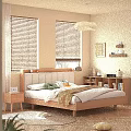 Wooden Double Bed with Upholstered Headboard Nightstand Bookshelf by Window with Blinds on Wooden Floor