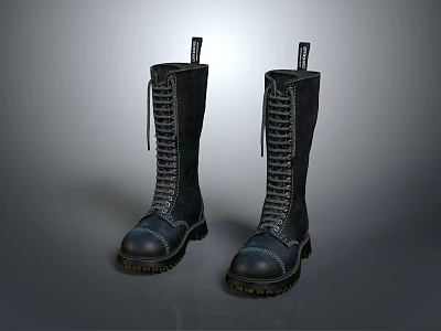 Stylish Black Tall Lace Up Boots With Chunky Treaded Sole Design 3d model