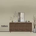 Wooden Console Sideboard Cabinet With Green Leaf Plant Decorative Painting And White Vase