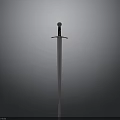 Ancient Sword Weapon Standing Upright With Reflective Blade And Gray Gradient Background