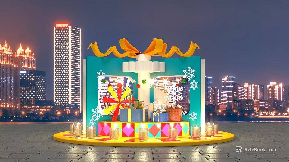 Christmas Gift Box Decoration With Yellow Ribbon Snowflakes And Candles In City Night View 3d model 