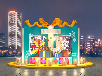 Christmas Gift Box Decoration With Yellow Ribbon Snowflakes And Candles In City Night View 3d model
