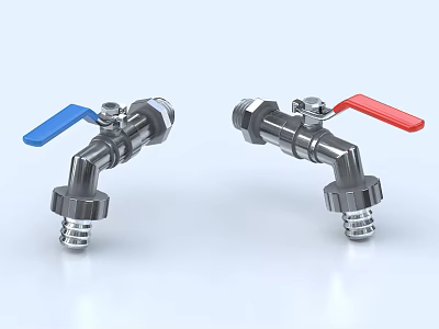 Two Modern Metal Water Faucets Featuring Blue And Red Handles Design 3d model