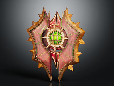 Decorative Shield Design With Spiked Edges Green Gem Center And Red Gold Details 3d model