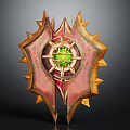 Decorative Shield Design With Spiked Edges Green Gem Center And Red Gold Details