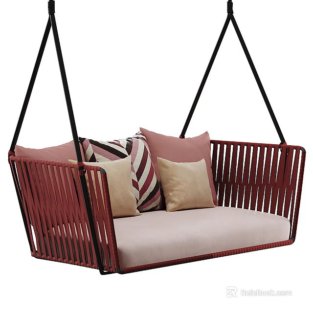 Red Rattan Hanging Chair With Pink Beige And Striped Cushions For Comfortable Seating 3d model 