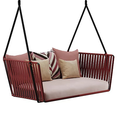 Red Rattan Hanging Chair With Pink Beige And Striped Cushions For Comfortable Seating 3d model