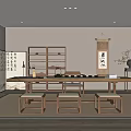 Traditional Chinese Tea Room Interior With Wooden Bookshelf Long Tea Table And Calligraphy