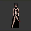 Woman With Short Black Hair In Black Dress And Fishnet Stockings Red High Heels