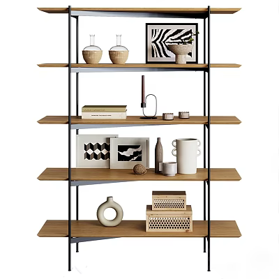 Modern Wooden Shelving Unit With Metal Frame And Decorative Vases Books Picture Frames 3d model