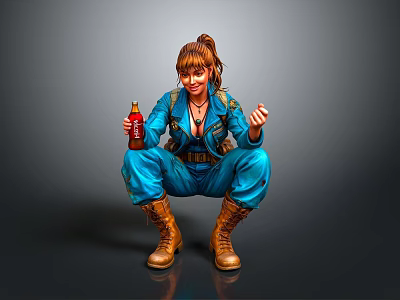 Woman in blue overalls with ponytail holding red beverage squatting on grey background 3d model