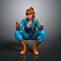 Woman in blue overalls with ponytail holding red beverage squatting on grey background