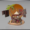 Off Road Vehicle Exploring Desert Scene With Palm Trees And Sunset Tent