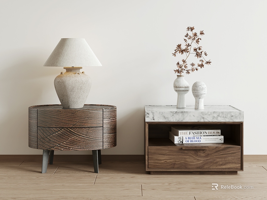 Modern Wooden Nightstands with Drawers Lampshade Lamp Marble Top Vases Dried Flowers and Books 3d model 