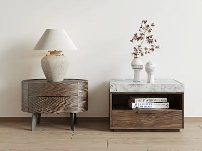 Modern Wooden Nightstands with Drawers Lampshade Lamp Marble Top Vases Dried Flowers and Books 3d model