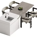 Modern Wooden Dining Table Set With Four Armchairs White Countertop And Fruit Bowl