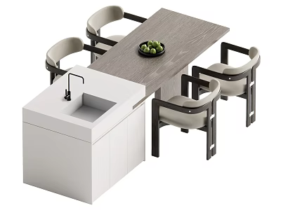 Modern Wooden Dining Table Set With Four Armchairs White Countertop And Fruit Bowl 3d model