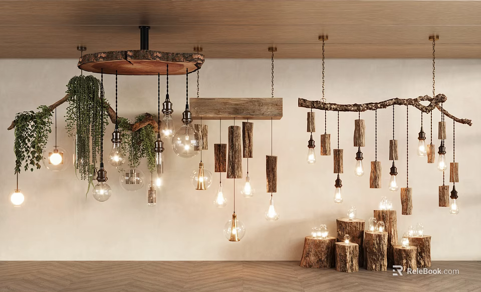 Rustic Indoor Decorative Lights With Wooden Hanging Logs And Illuminated Bulb Structures 3d model 