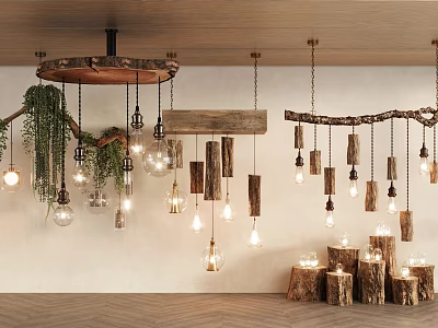 Rustic Indoor Decorative Lights With Wooden Hanging Logs And Illuminated Bulb Structures 3d model
