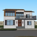 Modern Style Two Story Detached Villa With Large Windows Front Red Flowers And Surrounding Trees