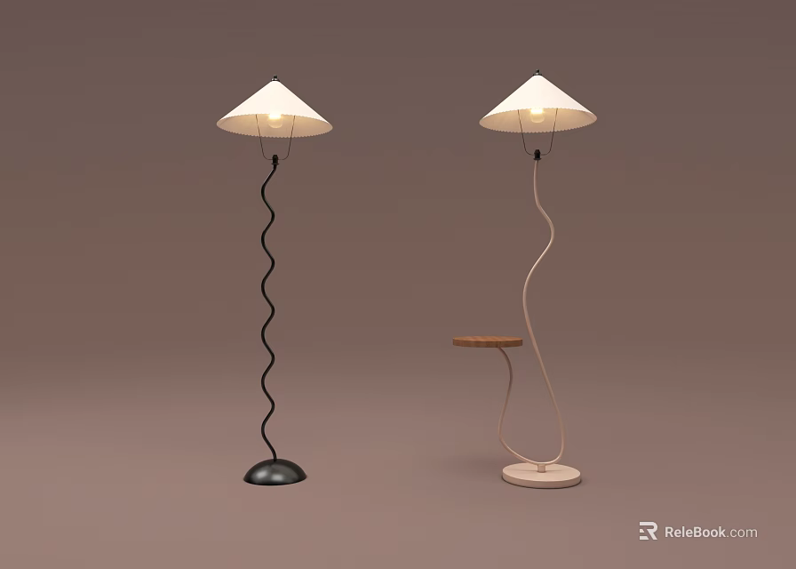 Contemporary Curved Floor Lamps With Conical Shade Black And Light Pole And Wooden Tray 3d model 