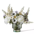 Elegant Floral Arrangement With White Peonies Purple Blooms In Transparent Ribbed Vase