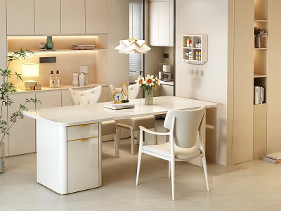Modern White Dining Table With Chairs And Vase Flowers In Kitchen Space 3d model