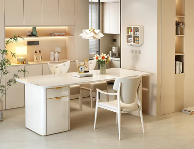 Modern White Dining Table With Chairs And Vase Flowers In Kitchen Space 3d model