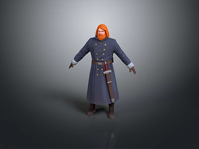 Man With Red Hair And Beard In Navy Blue Coat With Gold Buttons And Sword 3d model